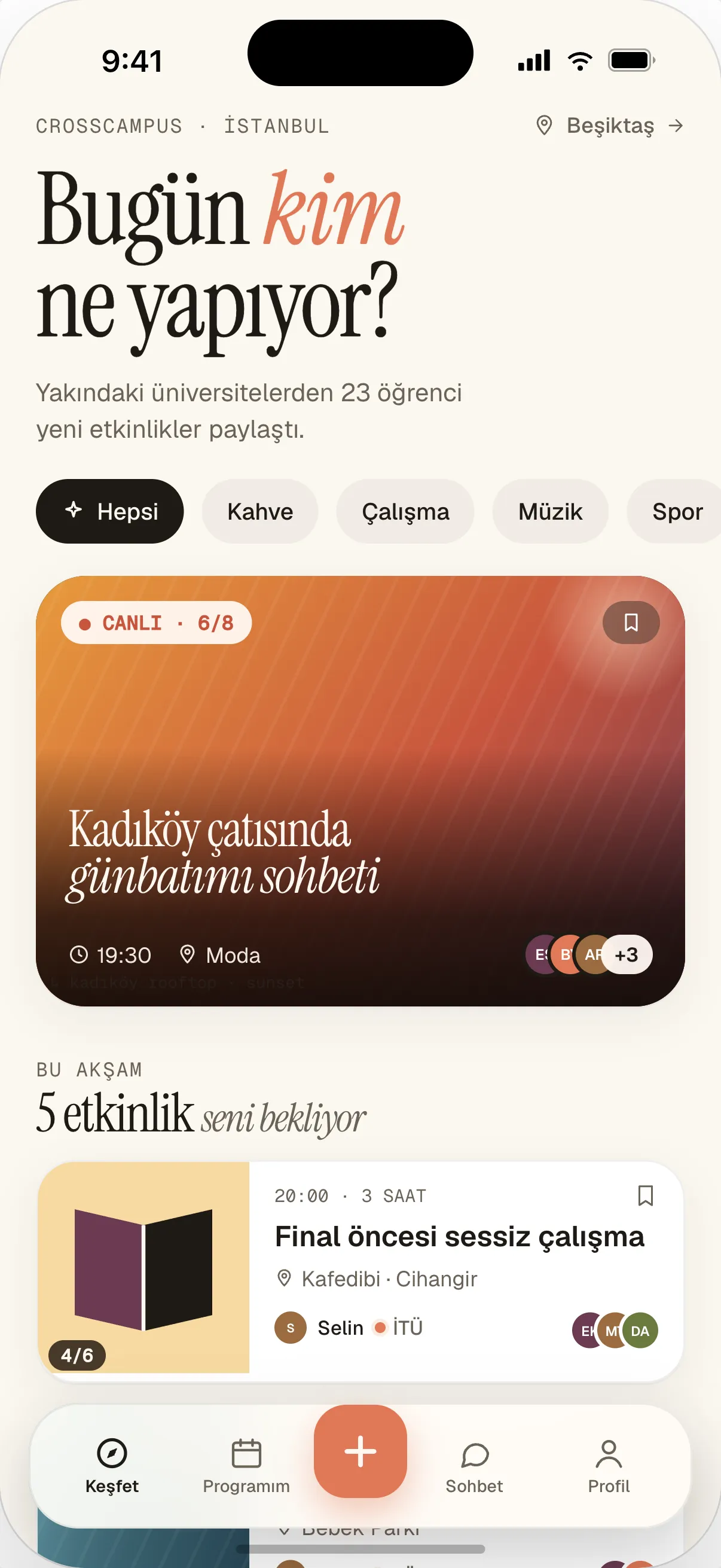 CrossCampus iOS — bugünkü etkinlikler akışı